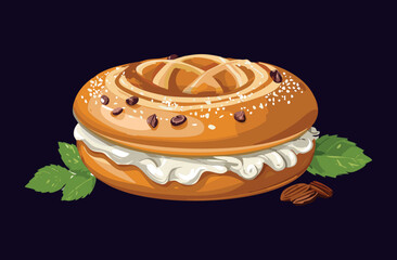 Cinnamon Raisin Bagel with Cream Cheese - Vector Illustration