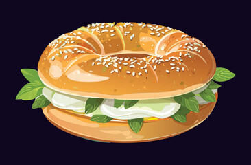 Bagel Bread with Cream Cheese Topping - Vector Illustration