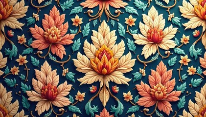 Intricate floral damask pattern in muted tones, illustration, scroll