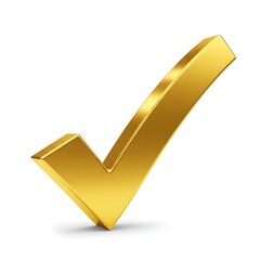 Golden check mark symbol on a plain surface isolated on white background