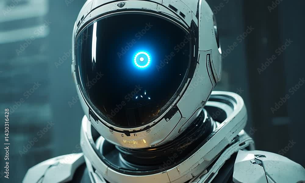 Poster futuristic astronaut in a high-tech environment with glowing visor and sleek design
