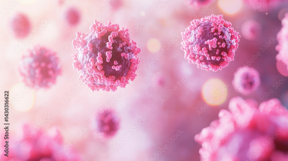 Poster microscopic view of pink cells floating in a soft light background.