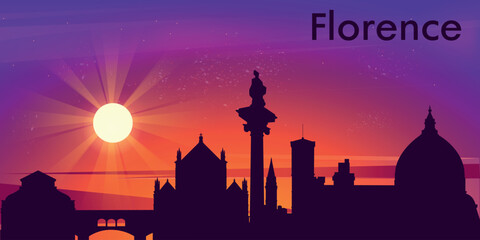 stylized illustration of Florence city skyline against the background of bright sun with rays and rich shades of purple, orange and pink sky