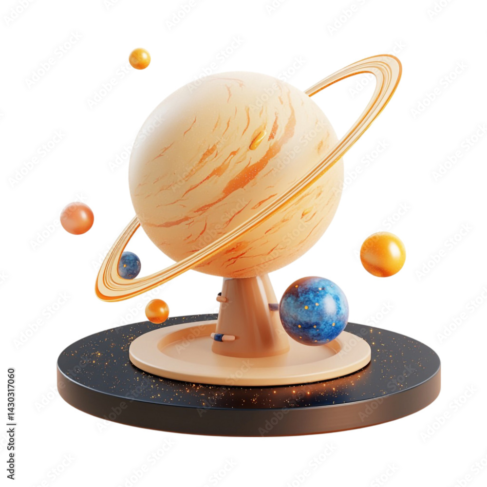 Poster planetary model on a dark platform with a ringed planet and smaller celestial bodies