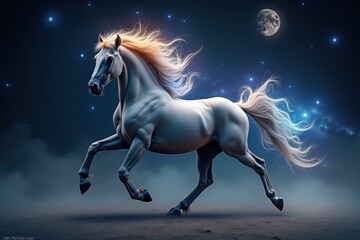 Majestic horse galloping through a cosmic night sky. surrealist