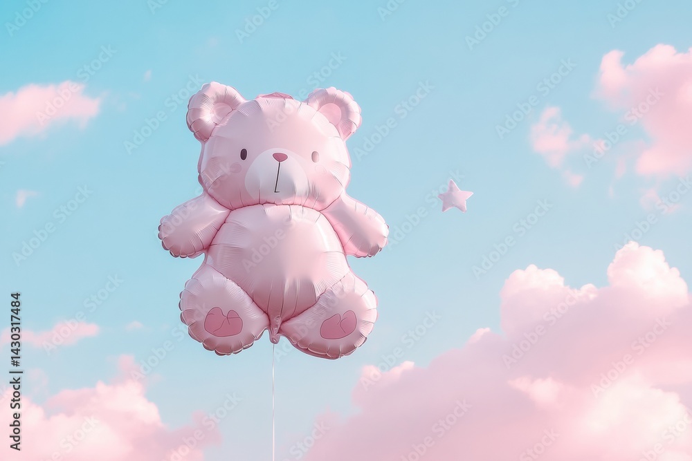 Aufkleber cute bear shaped balloon floats in a light pink sky filled with fluffy clouds and a tiny star string