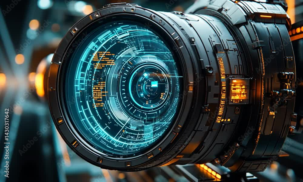 Aufkleber futuristic camera lens with digital interface, glowing elements, and high-tech background setting