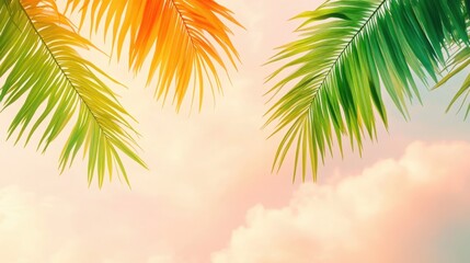 Fototapeta premium Bright ombr?(C)-painted palm leaves shifting from lime green to sunset orange over a soft cloudy sky background: A fresh nature-inspired tropical scene.