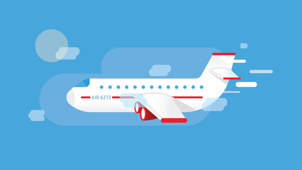 A cartoon-style airplane soaring through the sky, with a playful design featuring bright colors and exaggerated features