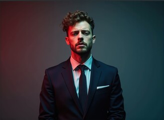 Fototapeta premium A man with pale skin and curly hair, wearing a business suit, expressing sadness, standing in front of a gradient background, studio lighting, shallow depth of field.