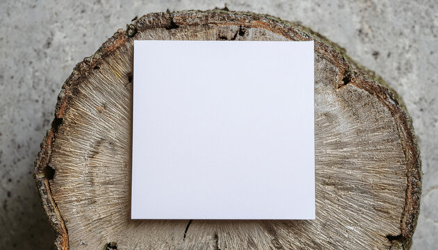 Blank white square poster on tree stump, cement floor. Empty canvas. Mock-up.