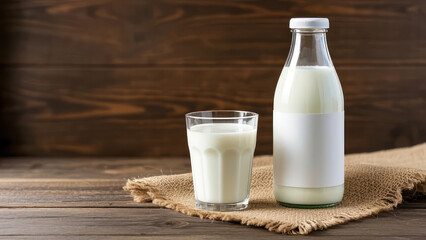 Creamy Milk Bottle and Glass Mockup with Wooden Background. Minimalist Product Photography