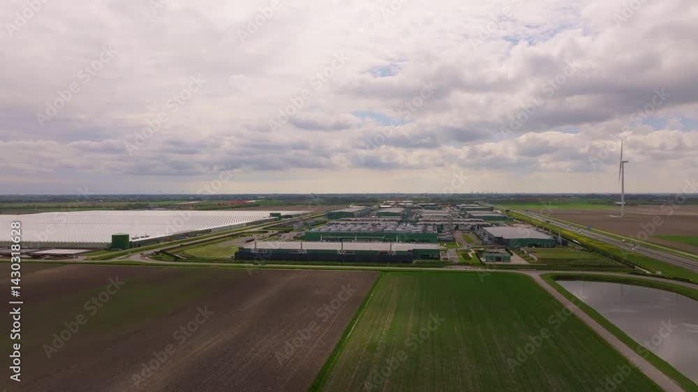 Poster drone captures massive tech hub near fields in middenmeer. aerial drone video