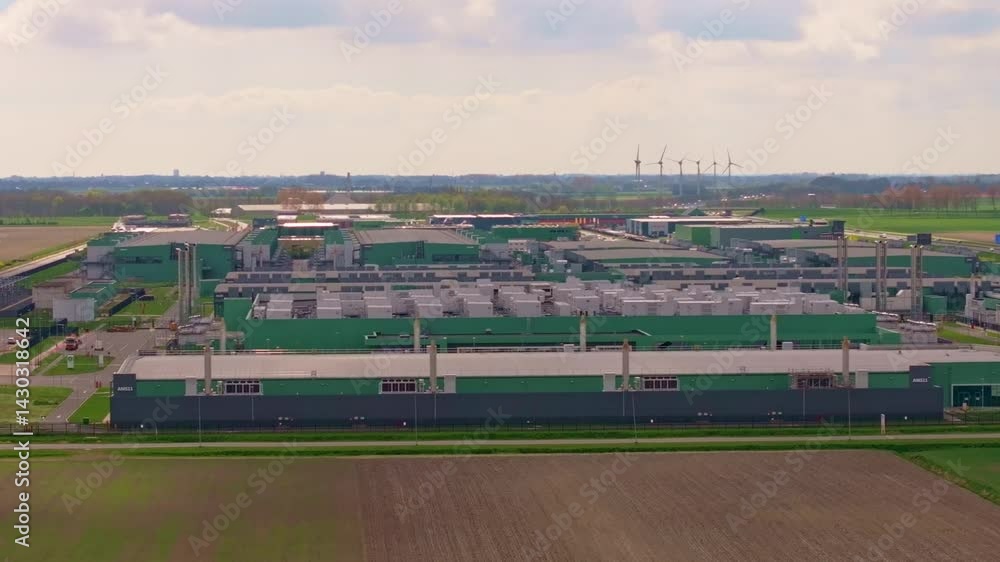 Poster modern data complex shown in sharp architectural close-up. aerial drone video