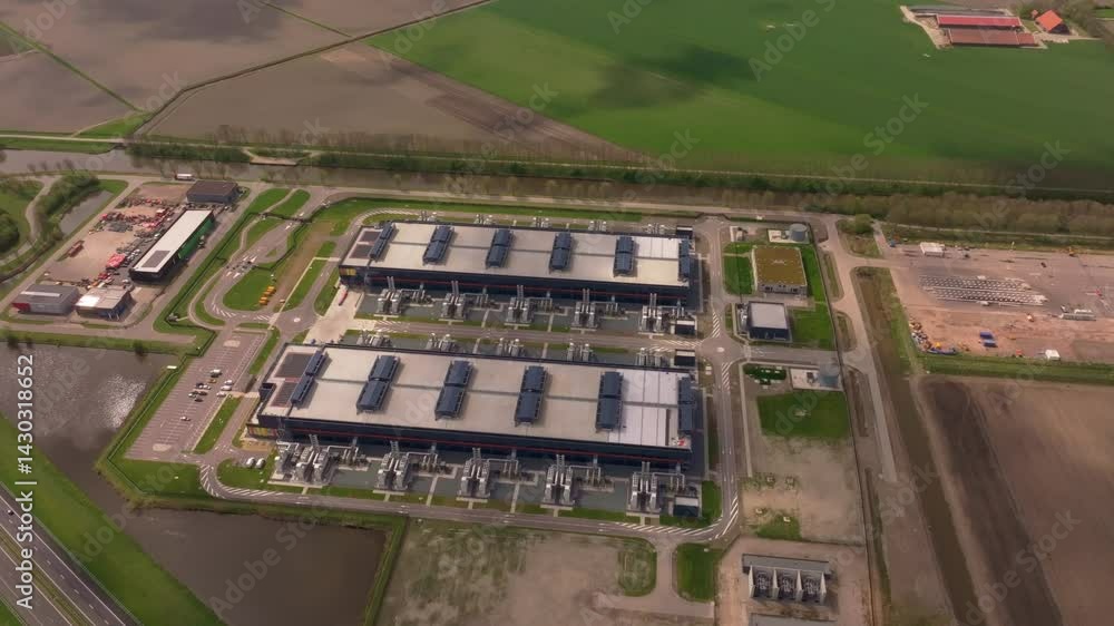 Poster futuristic data complex with server halls in the netherlands. aerial drone video