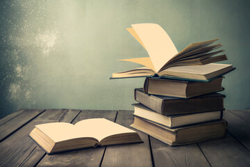 A stack of old, leather-bound books sits on a rustic wooden table, with one book open, displaying blank pages.