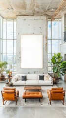 Modern loft interior with large windows, framed art, leather chairs, sofa, and plants