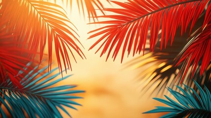 Bright red and aqua blue palm leaves over a glowing golden sunset background: A radiant and joyful summer energy with intense warmth.