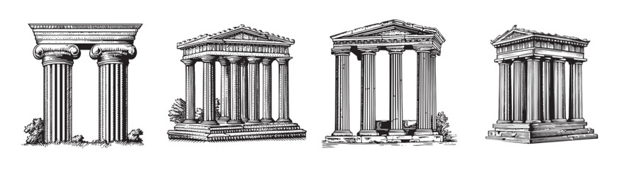 Obraz premium Historic Architectural Columns in Various Classical Styles Illustrations, logo design, engraving design, vector illustration