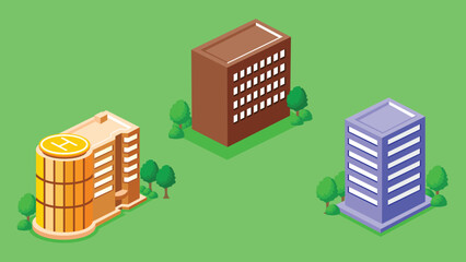 Naklejka premium Isometric illustration of city buildings designed as game assets, featuring various architectural styles, streets, and urban elements arranged in an isometric perspective 05