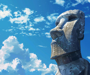 Majestic Moai statue from Easter Island with a dynamic cloudscape and vivid blue sky. Iconic ancient sculpture symbolizing Polynesian culture and mysterious heritage