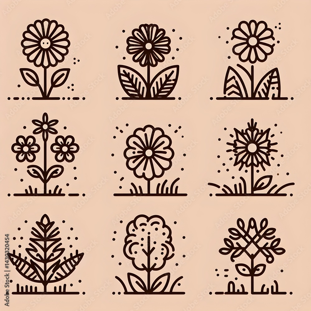 Poster clean line art nature icon set in earthy tones with one highlighted flower or tree symbol, scalable 