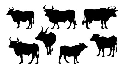 set of cow and bulls silhouette vector on white background