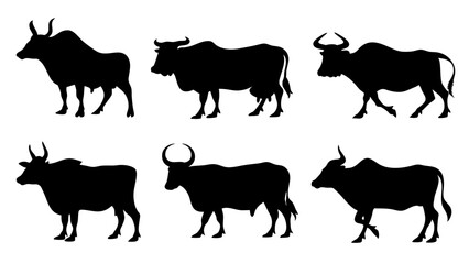 set of cow and bulls silhouette vector on white background