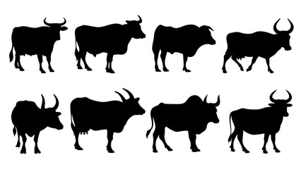 set of cow and bulls silhouette vector on white background