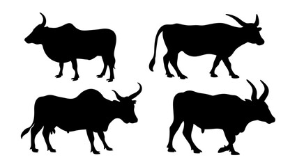 set of cow and bulls silhouette vector on white background