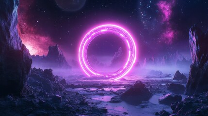 Glowing neon ring portal in an alien landscape with rocky mountains and nebula.