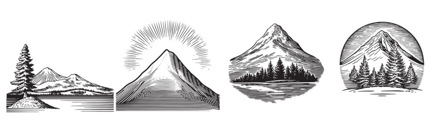 Vintage Mountain Landscape Illustrations in Black and White Style, vintage retro hipster logo design, vector illustration, engraving design