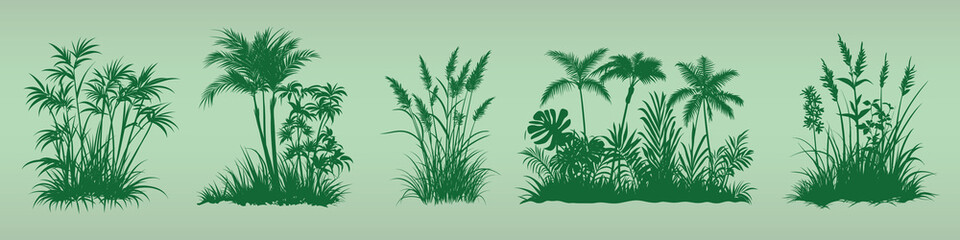 Fototapeta premium Lush green tropical plant silhouettes isolated illustration, vector set