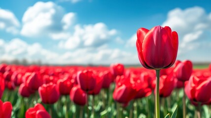 Fototapeta premium Single red tulip in focus against a field of red tulips under a bright blue sky.