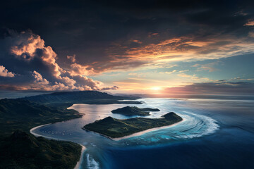 top view of tropical island in sunset light