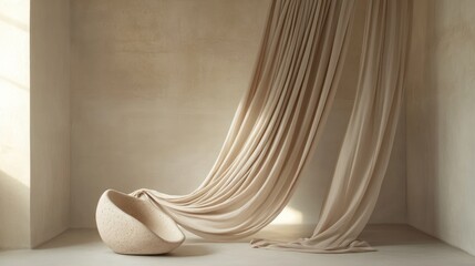 Beige minimalist interior with flowing fabric