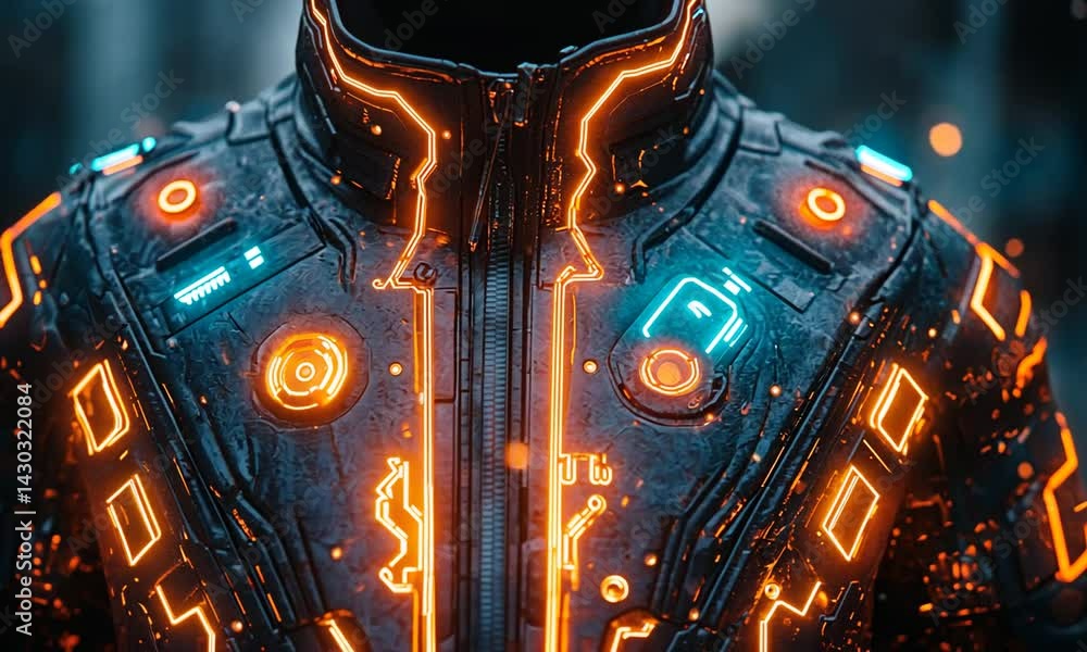 Poster futuristic close-up of a high-tech suit with glowing elements in a cyberpunk environment