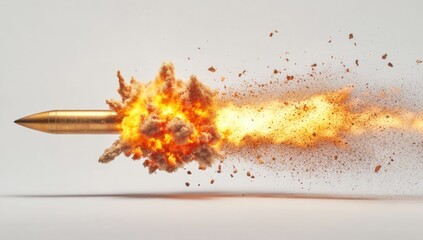 Bullet in flight with explosion and debris against a white background.