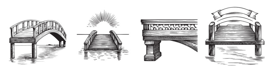 Hand-Drawn Illustrations of Bridges and Dock Structures over Water, vintage retro hipster logo design, vector illustration, engraving design