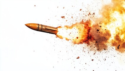 Bullet in flight with explosion and debris against a white background.