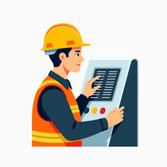 construction worker operating digital tablet