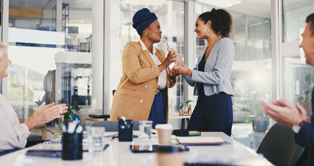 Business people, celebration and woman with award, success and applause for recognition. Person,...