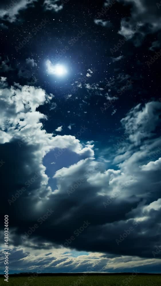 Poster the sky is dark blue with a few clouds. there are many stars in the sky.