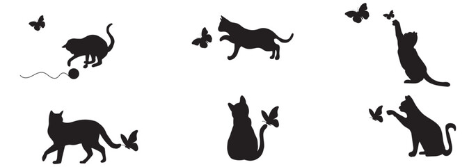 Collection of black cat silhouettes in various poses. Set of black cat silhouette. Kitten silhouette collection isolated on white background.. eps 10 