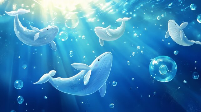 Sweet aquatic creatures arranged in floating composition, featuring roly-poly whale shapes with cheerful expressions, graceful swimming poses with subtle motion lines, scattered bubble elements,