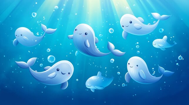 Sweet aquatic creatures arranged in floating composition, featuring roly-poly whale shapes with cheerful expressions, graceful swimming poses with subtle motion lines, scattered bubble elements,
