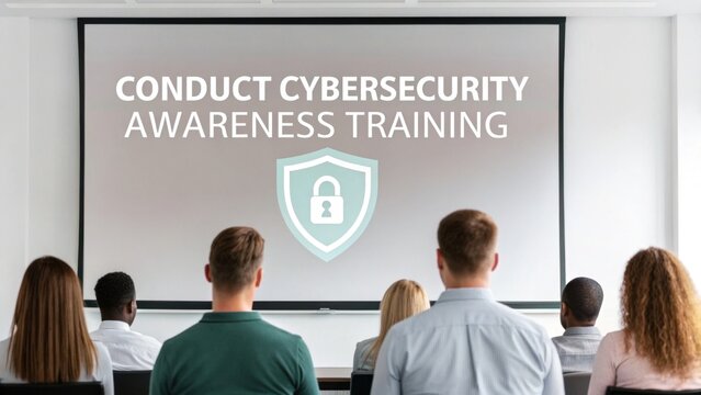 A group of people engaged in a cybersecurity awareness training session, viewing a presentation that emphasizes the importance of digital security.