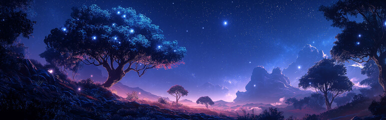 Fototapeta premium Magical Night Landscape Glowing Trees Under Starlit Sky Fantasy Art