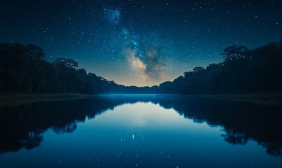 Serene nightscape reflection: Milky Way mirroring in tranquil waterscape