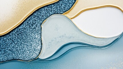 Obraz premium Abstract fluid art design with gold accents and blue, beige, and white hues.